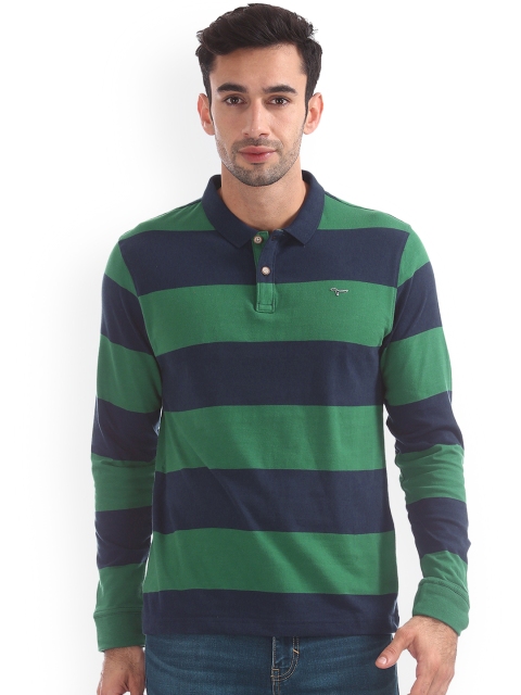 

Flying Machine Men Green Striped Polo Collar Pure Cotton T-shirt