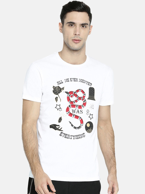 

Breakbounce Men White Printed Round Neck T-shirt