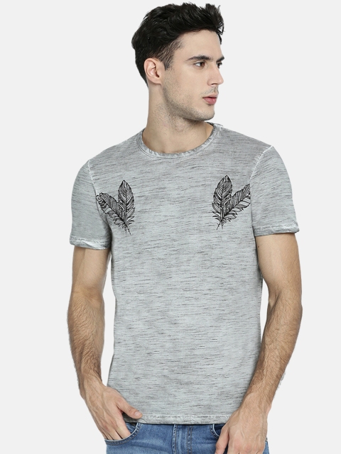 

Breakbounce Men Grey Melange Printed Round Neck T-shirt