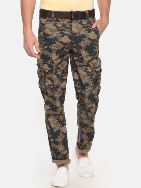 

t-base Men Beige & Navy Blue Slim Fit Printed Cargos