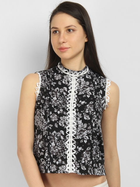 

LA LOFT Women Black & White Printed Crop Top
