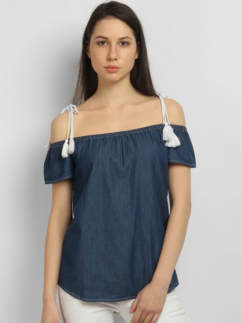 

LA LOFT Women Blue Solid Denim A-Line Pure Cotton Top