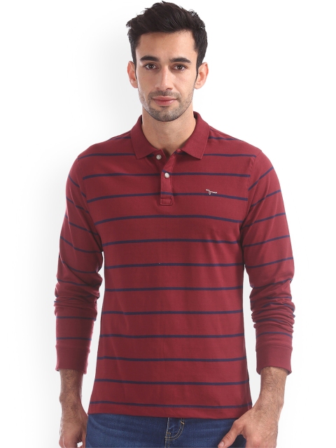 

Flying Machine Men Red Striped Polo Collar T-shirt