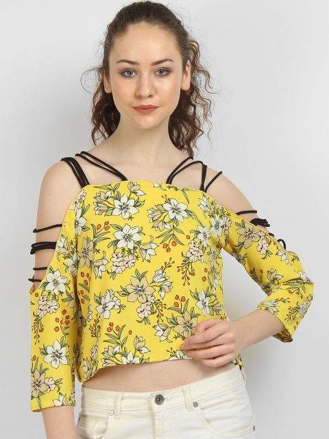 

LA LOFT Women Yellow Printed Cold-Shoulder Sleeves Top