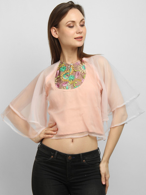 

LA LOFT Women Pink Embroidered Flared Sleeves Crop Top