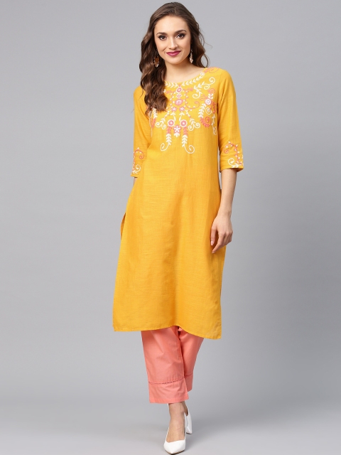 

Juniper Women Mustard Yellow Embroidered Straight Kurta
