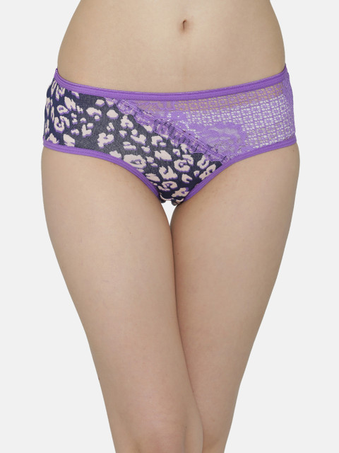 

Clovia Women Purple & Black Printed Mid-Rise Lace Hipster Briefs PN3050P15XL