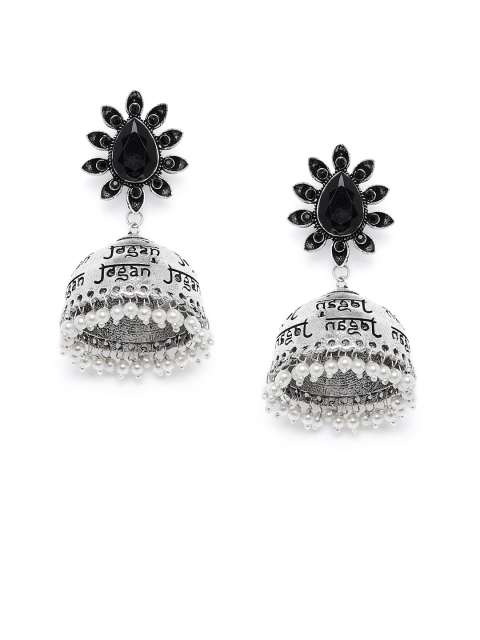 

PANASH Silver-Plated & Black Dome Shaped Jhumkas