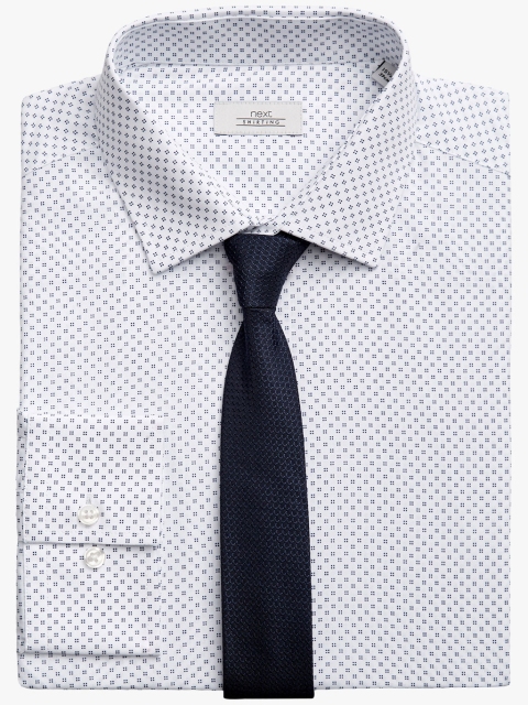

next Men White & Navy Blue Slim Fit Printed Formal Shirt with Tie
