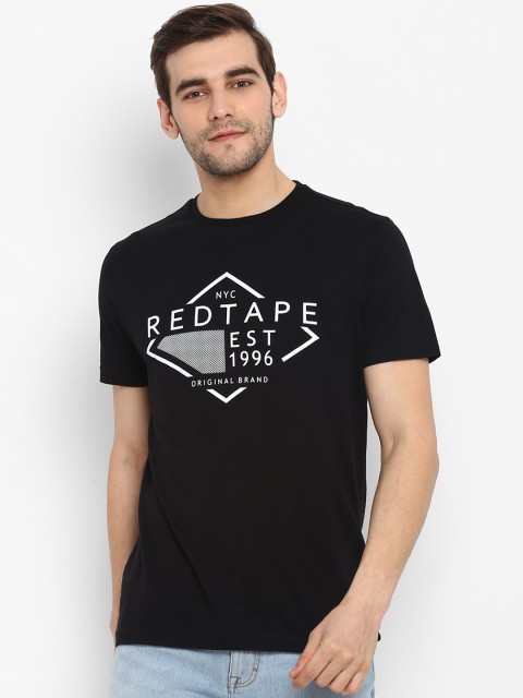 

Red Tape Men Black Printed Round Neck Pure Cotton T-shirt