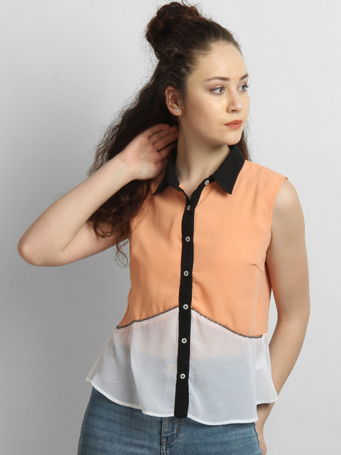 

LA LOFT Women Peach-Coloured & White Regular Fit Colourblocked Casual Shirt