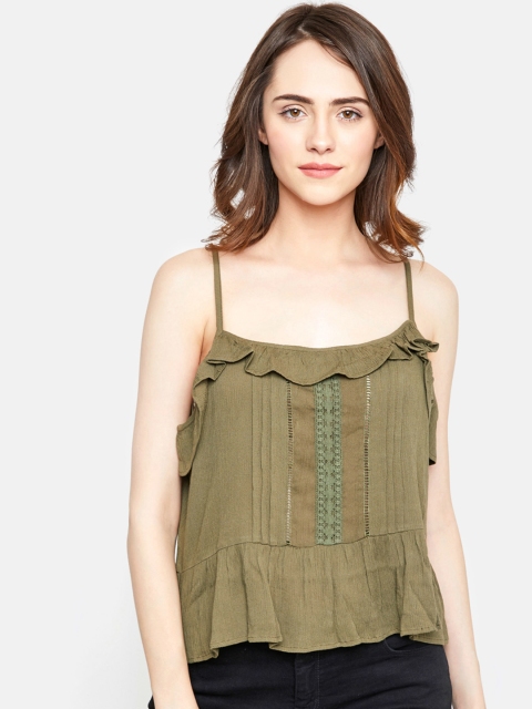 

VividArtsy Women Olive Green Printed Peplum Top