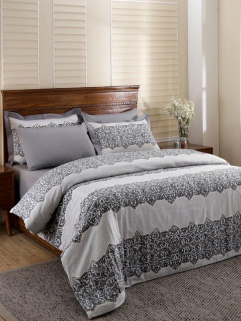 

MASPAR Grey & White 210 TC Cotton Double Bed Duvet Cover with 2 Pillow Covers
