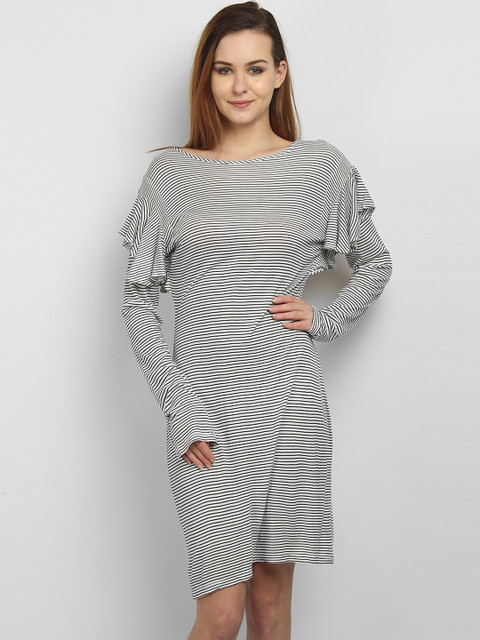 

LA LOFT Women White & Black Striped T-shirt Dress