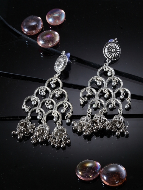 

Moedbuille Silver-Plated Handcrafted Oxidised Quirky Jhumkas