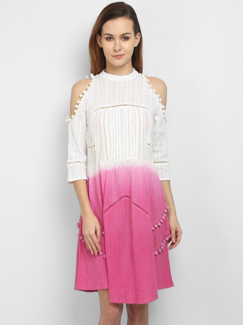 

LA LOFT Women White & Pink Colourblocked A-Line Dress