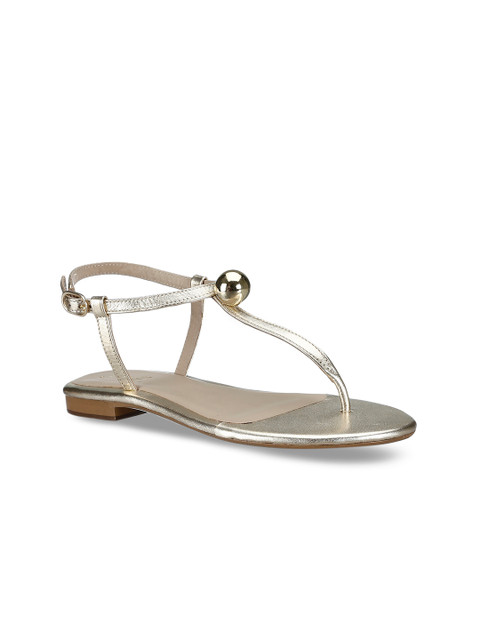 

Saint G Women Gold-Toned Solid Leather T-Strap Flats