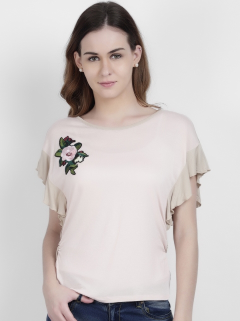 

LA LOFT Women Beige Solid Round Neck T-shirt