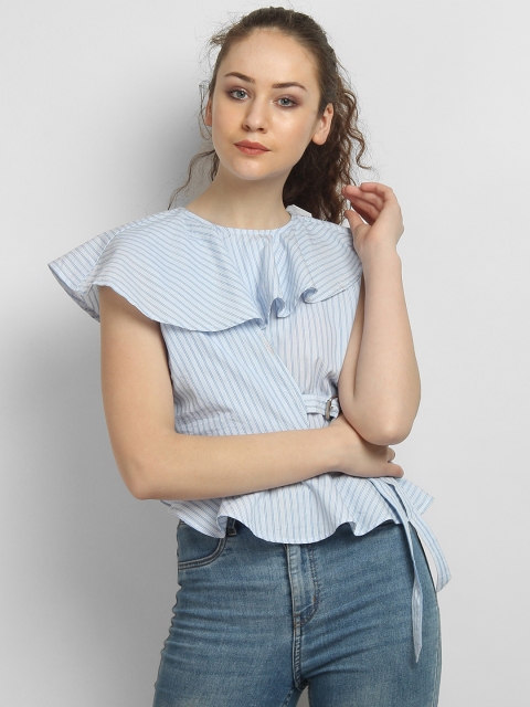 LA LOFT Women White & Blue Striped Cinched Waist Top