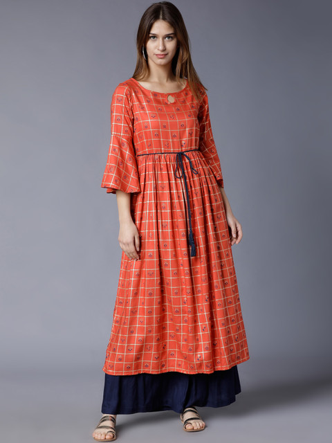 

Vishudh Women Brown Checked Anarkali Kurta