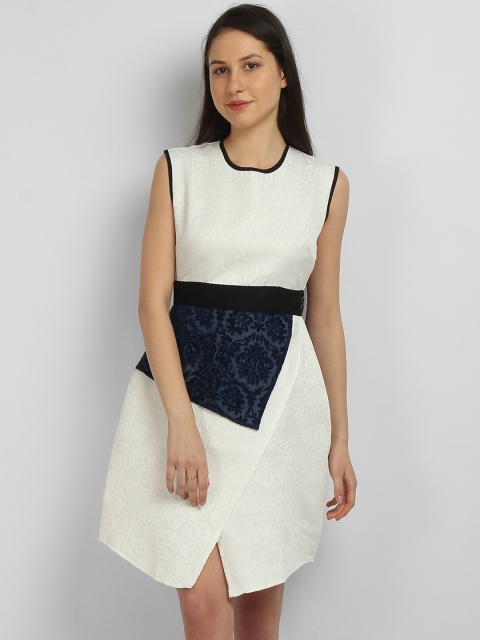

LA LOFT Women Cream-Coloured & Blue Self Design Fit and Flare Dress
