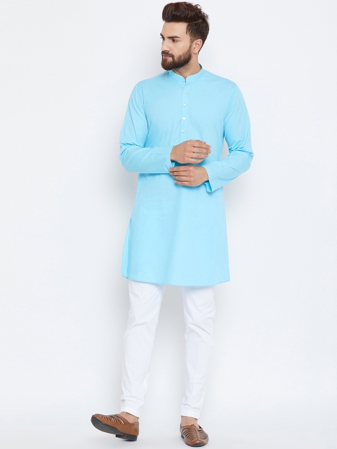 

See Designs Men Turquoise Blue & White Solid Kurta with Trousers
