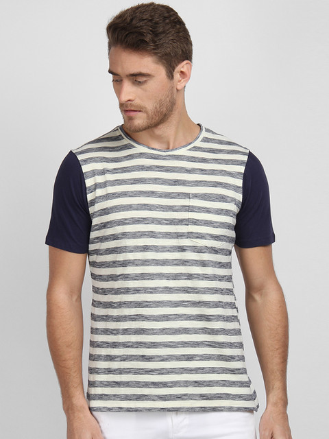 

LA LOFT Men Cream-Coloured Striped Round Neck T-shirt