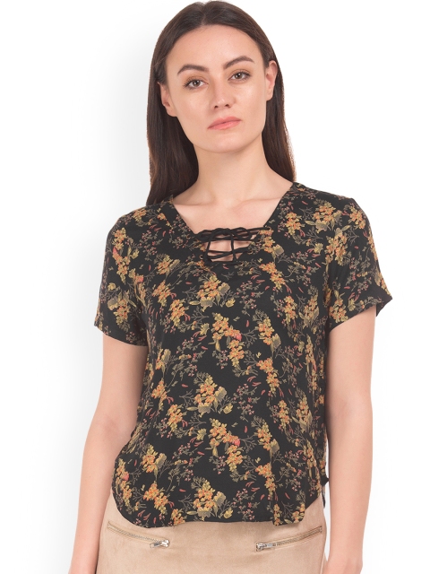 

ELLE Women Black & Mustard Yellow Printed Top