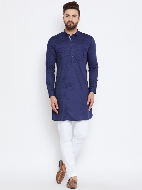 See Designs Men Navy Blue & White Solid Kurta with Trousers
