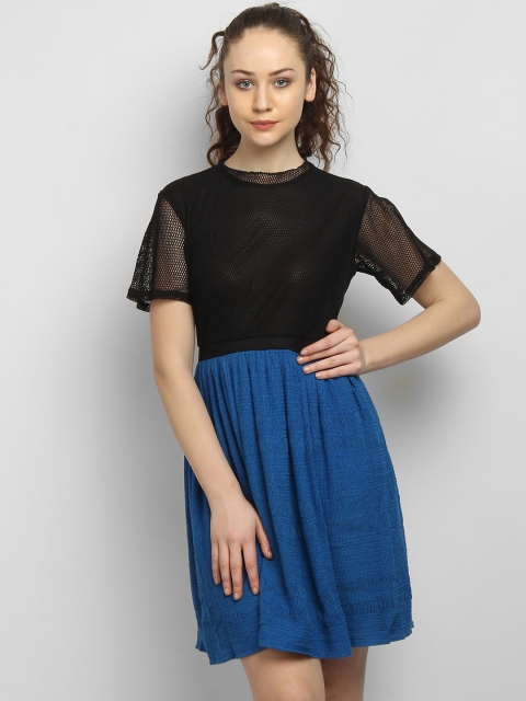

LA LOFT Women Black & Blue Colourblocked Fit and Flare Dress