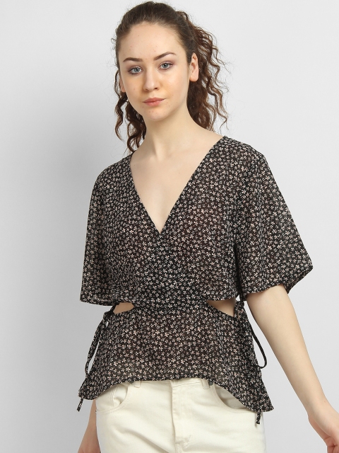 

LA LOFT Women Black Printed Wrap Top