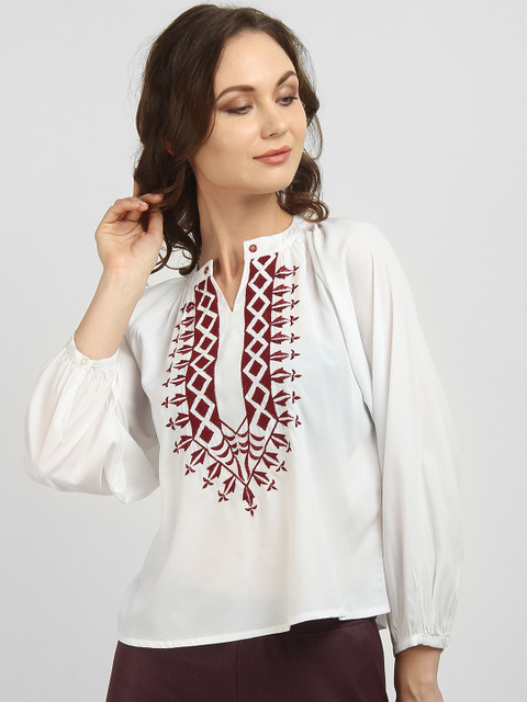 

LA LOFT Women White Embroidered Shirt Style Top