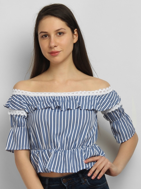 

LA LOFT Women White & Blue Striped Crop Bardot Top