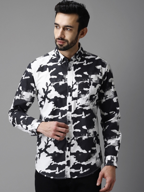 IVOC Men White & Black Slim Fit Printed Casual Shirt