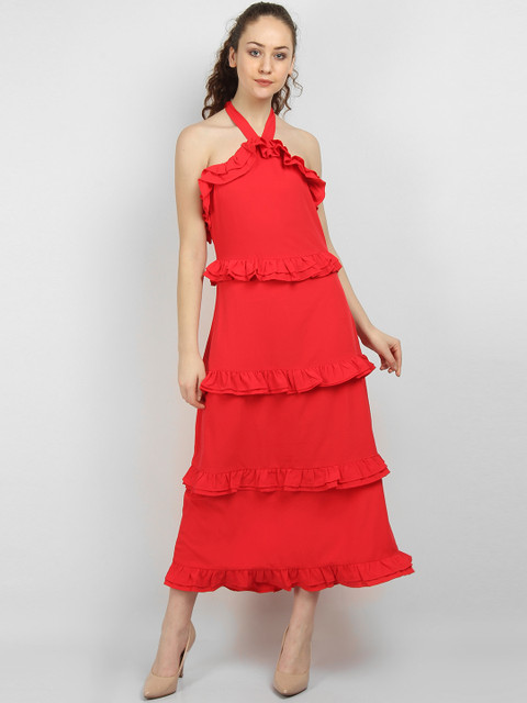 

LA LOFT Women Red Solid A-Line Tiered Dress