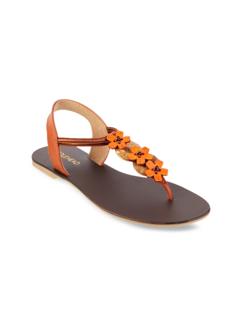 

SOLE HEAD Women Brown & Orange Solid T-Strap Flats with Floral Detail