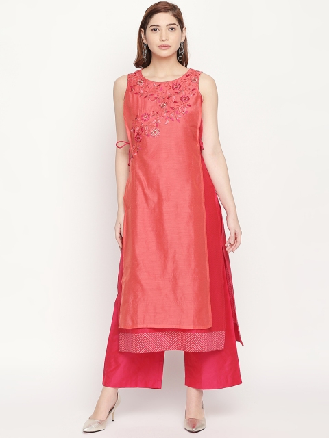 

RANGMANCH BY PANTALOONS Women Coral Embroidered Kurta with Palazzos