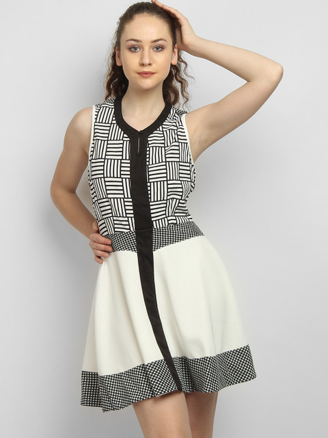

LA LOFT Women White Printed Fit and Flare Dress