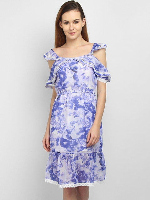 

LA LOFT Women White & Blue Printed Blouson Dress