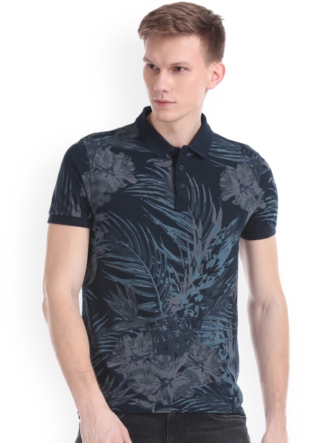 

Ed Hardy Men Navy Blue Floral Printed Polo Collar Pure Cotton T-shirt