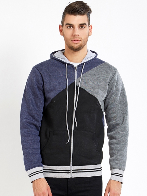 

Maniac Men Navy Blue & Grey Colourblocked Hooded Sweatshirt