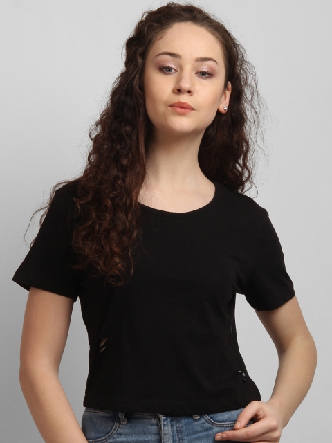 

LA LOFT Women Black Solid Round Neck T-shirt