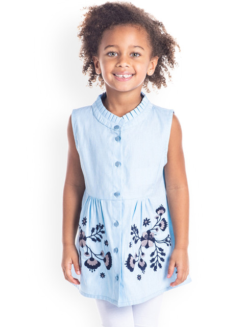 

Cherry Crumble Girls Blue Embroidered Longline Shirt Style Pure Cotton Top