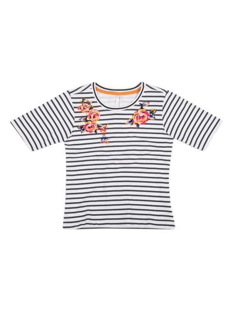 

U.S. Polo Assn. Kids Girls White Blue Striped Round Neck Pure Cotton T-shirt