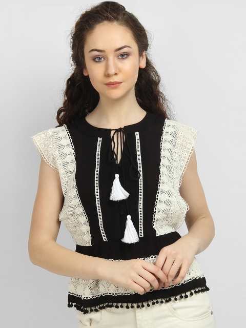 

LA LOFT Women Black & Off-White Self Design Cinched Waist Top