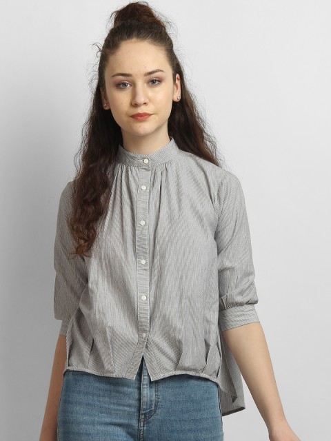 

LA LOFT Women Grey Regular Fit Striped Casual Shirt