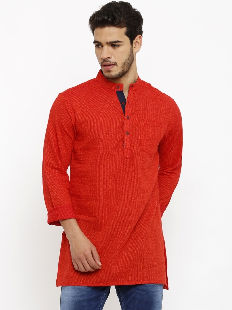 SALWAR STUDIO Men Red Jacquard Patterned Straight Kurta