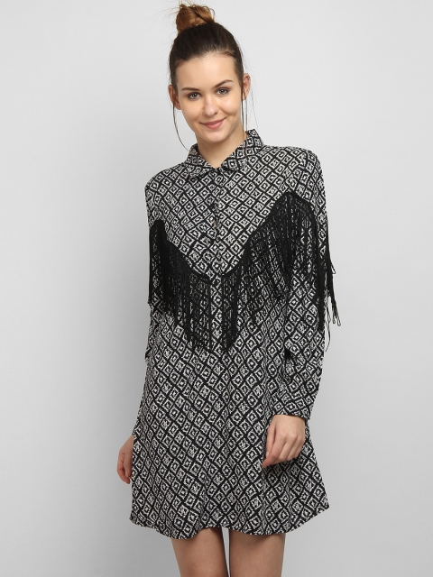 

LA LOFT Women Black & White Printed Shirt Dress