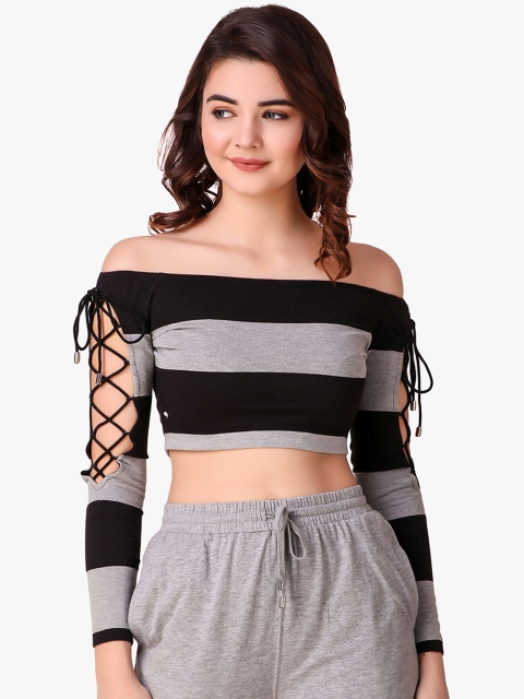 

Texco Women Grey Striped Bardot Top