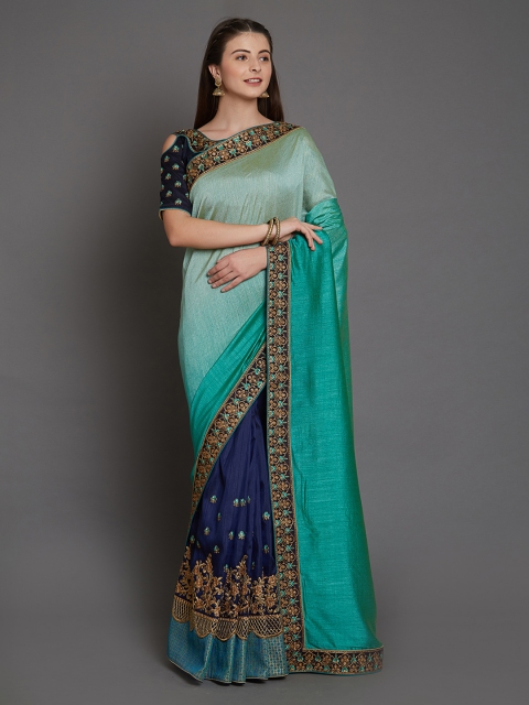 

Mitera Turquoise Blue & Navy Blue Pure Georgette Solid Saree